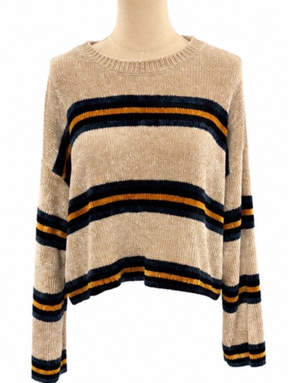 Volcom Chenille Striped Cropped Sweater Women’s Large Beige Navy Mustard